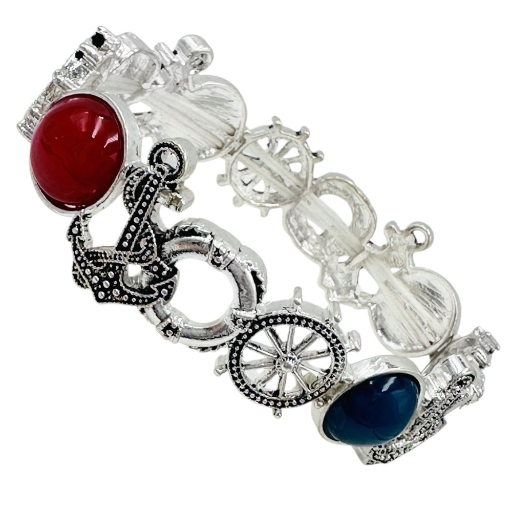 Nautical Theme Anchor Ship Wheel Silver Tone Stretch Bracelet